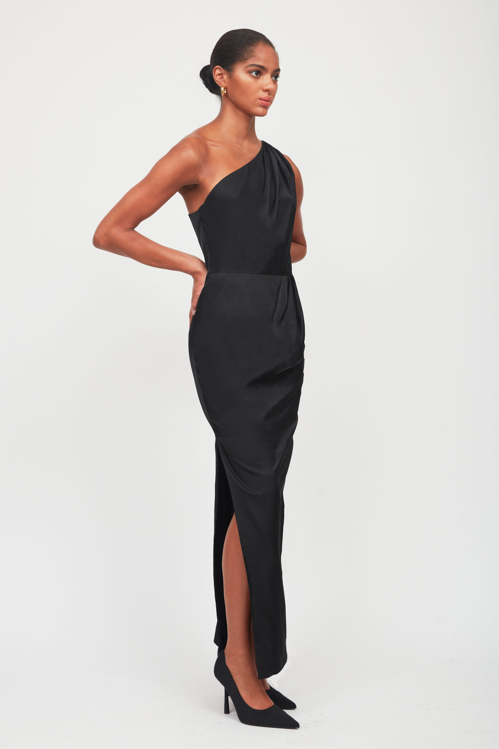 Draped One-shoulder Dress - Black - Ladies