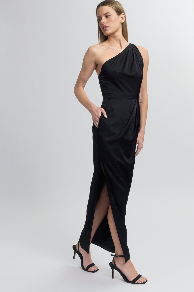 one shoulder drape dress Lana A classic spin on a long dress Women's Black Faux Suede One